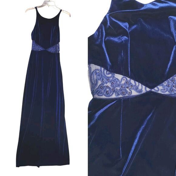 Bari Jay Dress Women's 9/10 Blue Velvelt Illusion Beaded Halter Holiday Maxi - Picture 1 of 10